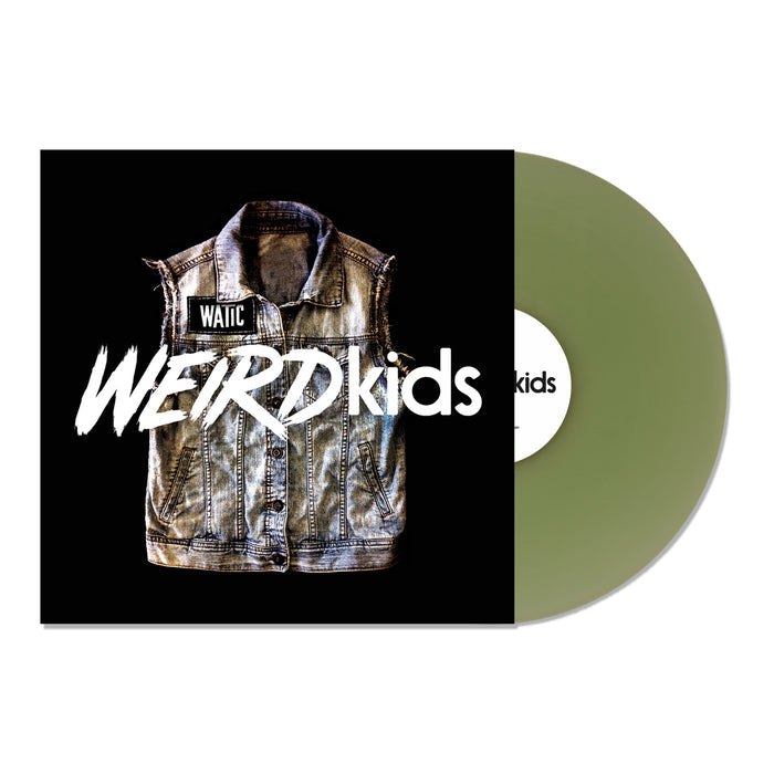 We Are The In Crowds Weird Kids vinyl features a bold album cover with a sleeveless denim vest and WAITC patch, plus an olive green Coke Bottle Green LP—essential pop punk for fans.