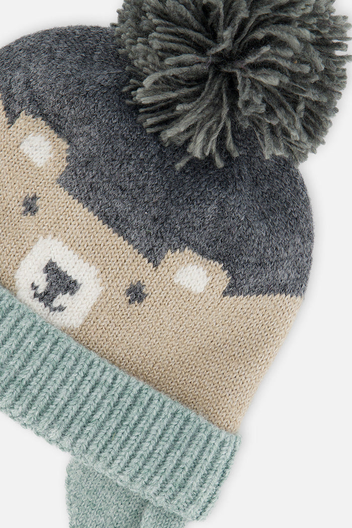 Winter Knit Hat With Teddy Bear Face And Ears Beige And Turquoise-3