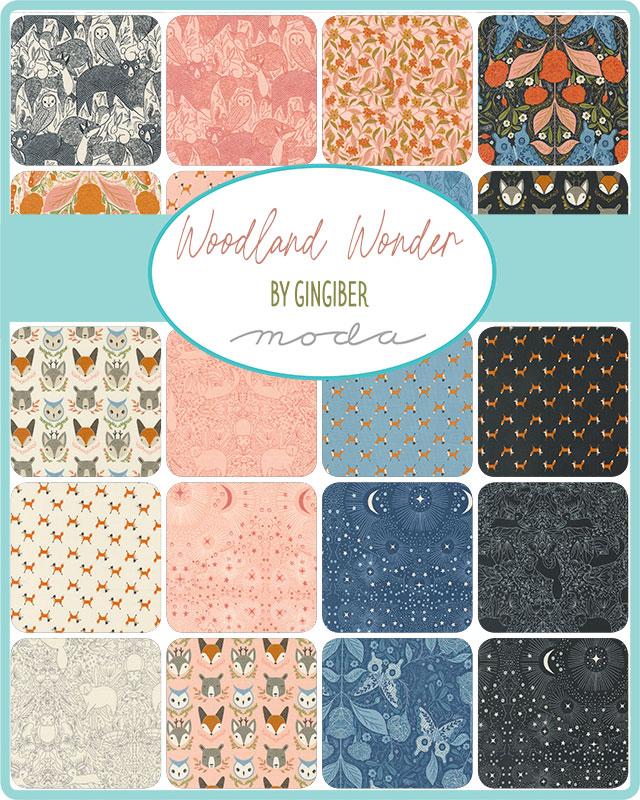 Woodland Wonder by Gingiber for Moda soft blue peach pink hues moonlight stars foxes owls tone-on-tone cotton print quilting fabric