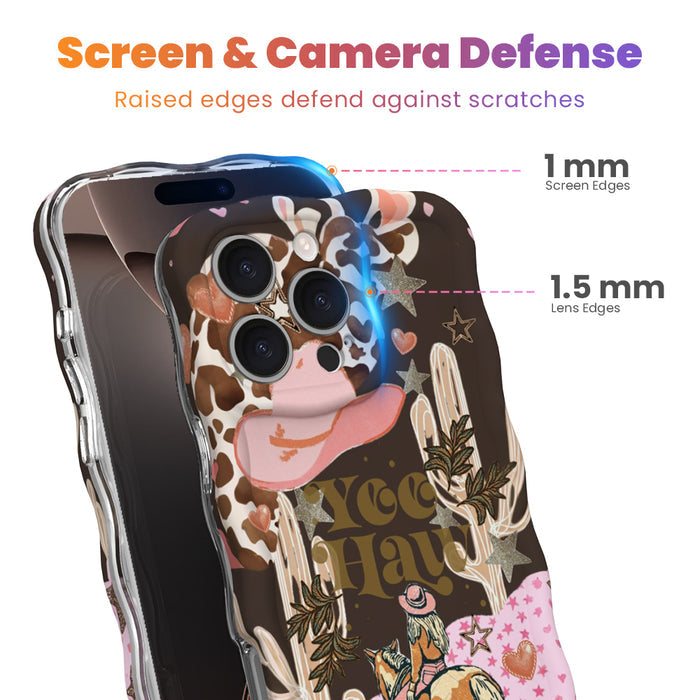 Trendy wavy iPhone case featuring a brown giraffe print, a pink cowboy hat, and an illustration of a cowgirl riding a horse with a high-gloss finish.