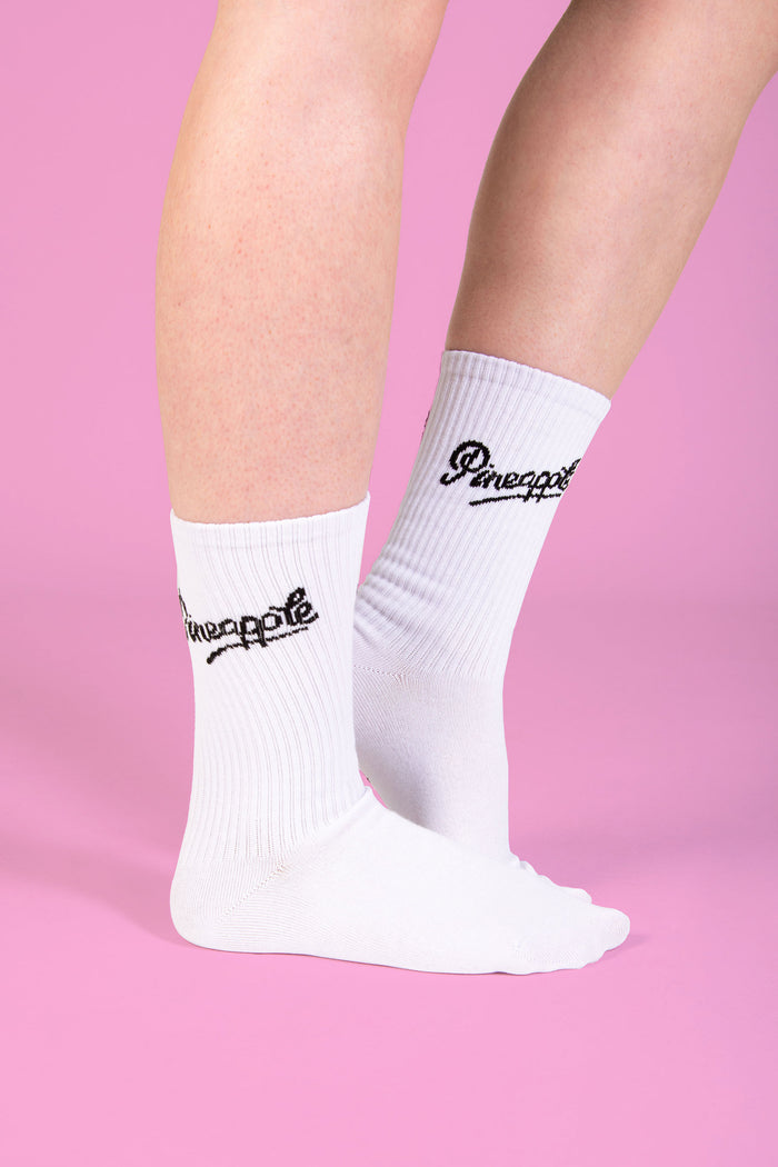 Unisex white club socks with black Pineapple branding