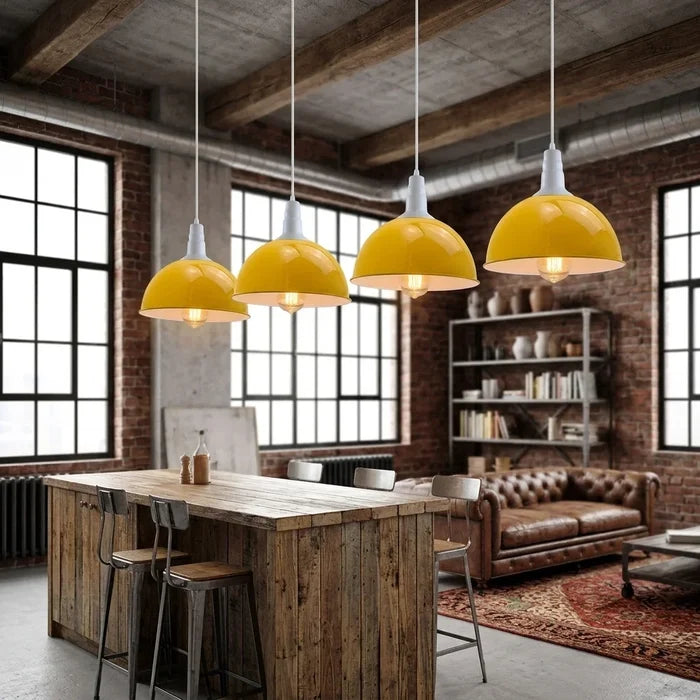 4 Pack Yellow Metal Dome Pendant Lights, 40cm, E27 Shade ceiling Light~3573