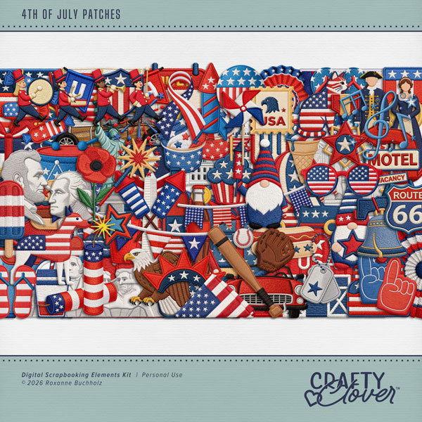 Capture the spirit of the 4th of July with these patriotic embroidered patches by Crafty Clover digital art. This digital scrapbooking collection is perfect for preserving Independence Day celebrations and parades, barbecue cookouts, American history, and travel to the United States. Embellishments include 1776, Washington DC, Capitol building, Lincoln Memorial, Washington Monument, White House, American flag, Abraham Lincoln, George Washington, Statue of Liberty, Bald Eagle, cat, dog, automobile, car, hot