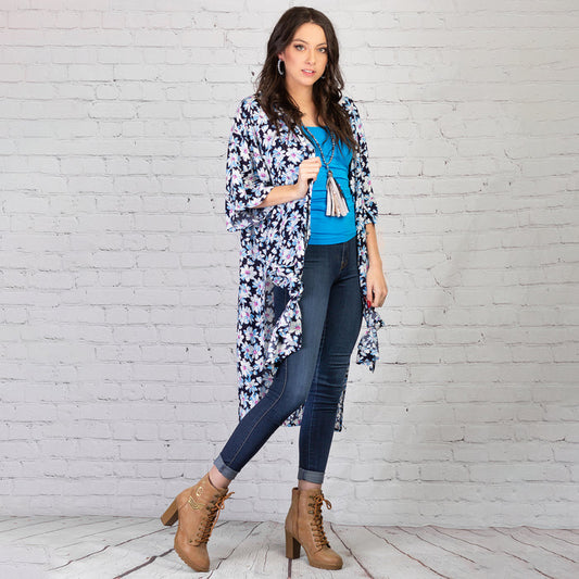 6663 - Floral Print Duster - Blue