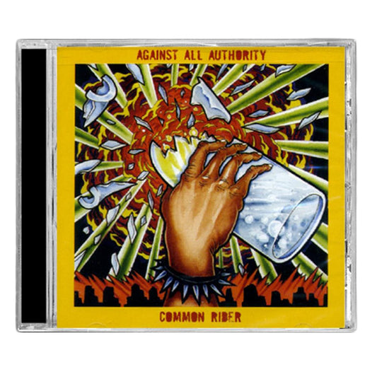 CD cover for the Common Rider split album, showing a spiked wristband hand breaking glass with rays and shards, all inside a yellow border with the band’s name and tracklisting.
