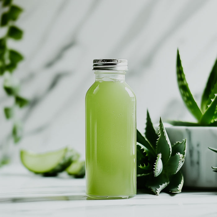 A bottle of aloe juice, greenish tint, displayed on a white surface, with aloe vera plants and sliced aloe in the background.