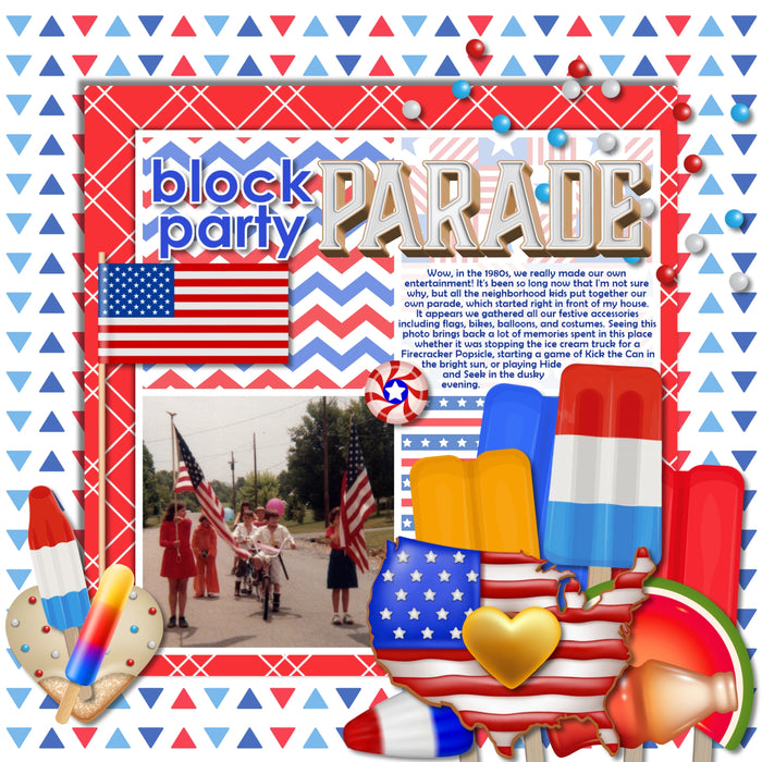 Add these sweet embellishments, bold patterned papers, clusters, and alpha sets by Lucky Girl Creative digital art to all your holiday digital scrapbooking pages! In hues of red, white, and blue, these sweet embellishments add so much fun to all your Independence Day projects including greeting cards and holiday decor. Great for vacations and holiday travel to America, too! Embellishments include candy box, cake pop, candy, candle, hard candy, chocolate, candy cane, caramel, maple, chocolate, beaver