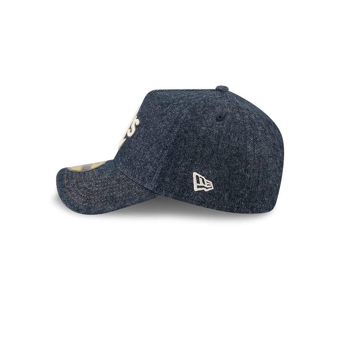 Pictured is this MLB Quickstrike Herringbone Denim Athletics 59FORTY A-Frame Fitted cap in navy. 5