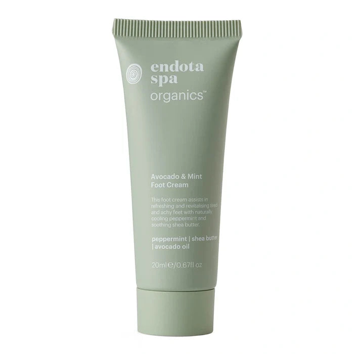 Green tube of Endota Spa Organics Avocado & Mint Foot Cream 20ml on a white background