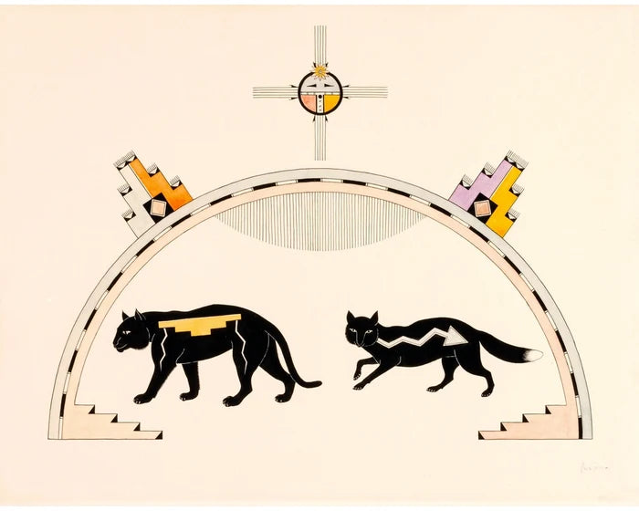 Awa Tsireh Black Mountain Lion and Fox Art Print