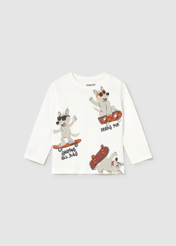 Mayoral baby boy Ivory long-sleeve t-shirt with animal graphic print and soft cotton jersey.