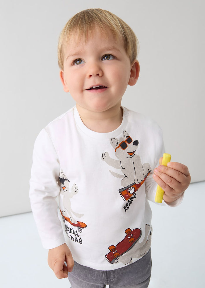 Toddler wearing Mayoral baby boy animal print t-shirt with casual everyday pants.