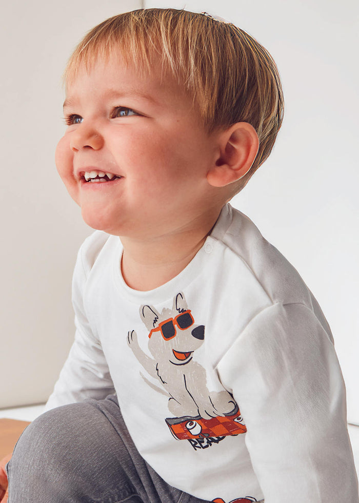 Closeup lifestyle view of Mayoral baby boy t-shirt showing soft fit and animal print.