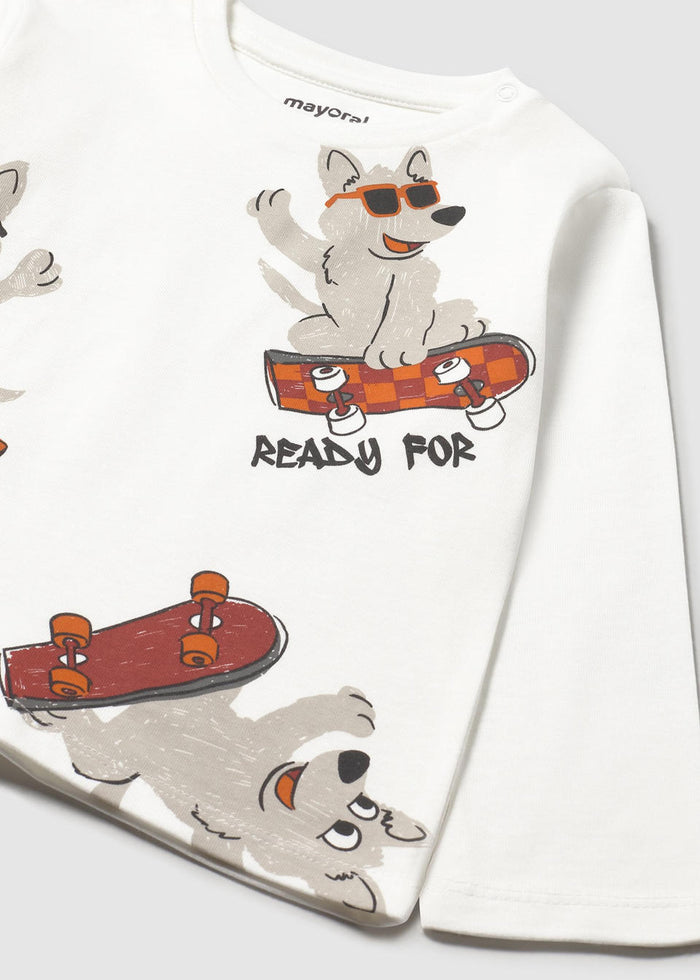Closeup of Mayoral Ivory baby t-shirt showing animal graphic and long-sleeve detail.