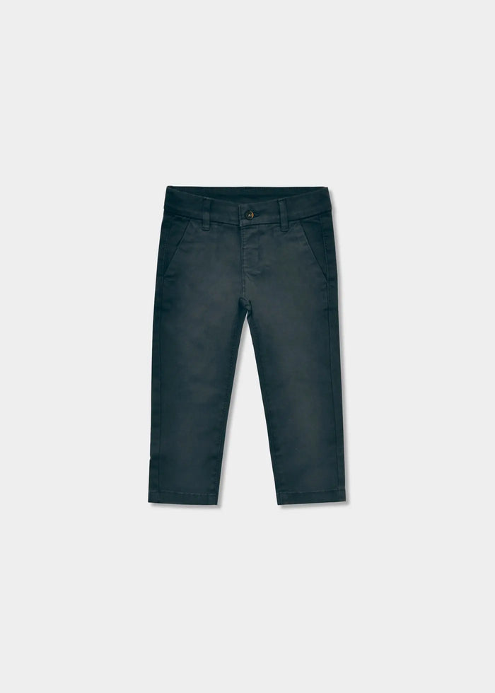 Mayoral Baby Basic Chinos dark grey front view, adjustable elastic waist soft cotton twill