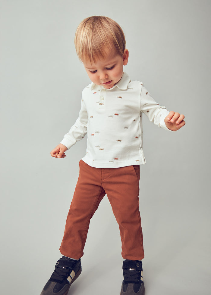 Toddler wearing Mayoral Rust Brown chinos for a polished everyday baby boy outfit.
