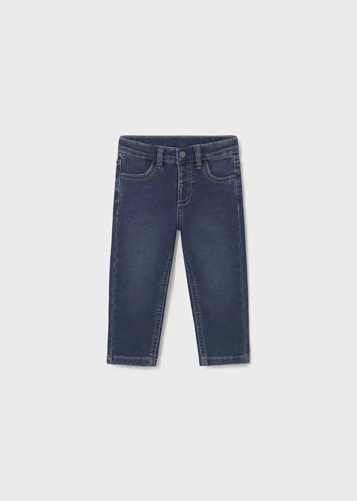 Mayoral baby boy Dark Denim/Navy slim fit jeans with adjustable waist and classic pocket styling.
