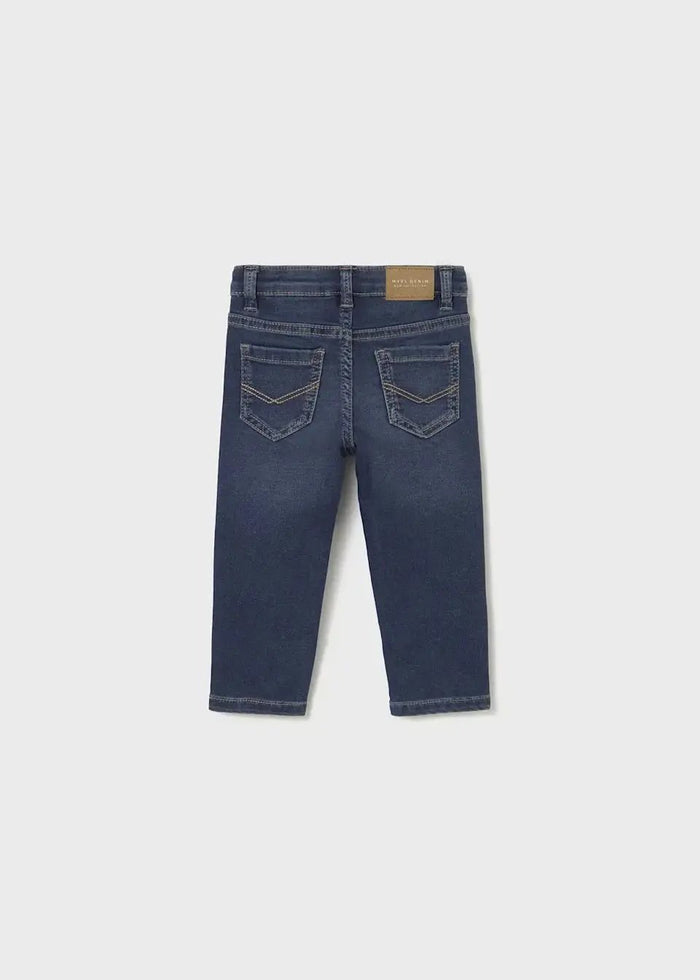 Flat view of Mayoral baby boy Dark Denim/Navy jeans with slim leg and classic denim design.