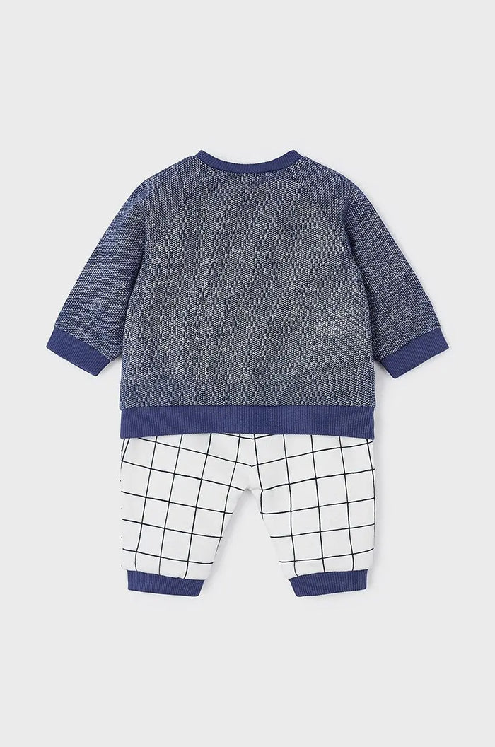 Mayoral baby boy knit outfit set showing navy top with check pants and coordinating baby pieces.