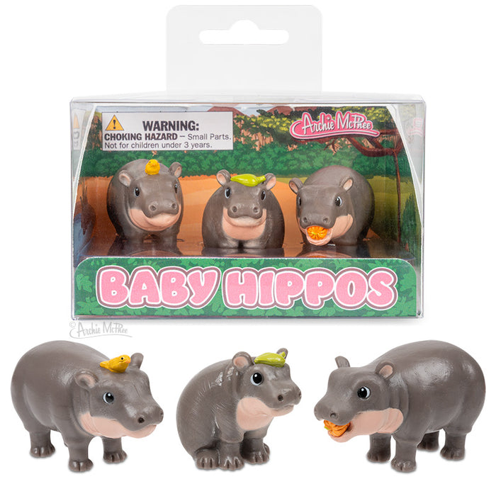 Baby Hippos: A set of four soft vinyl hippos, each featuring a charming accessory on its head or mouth.