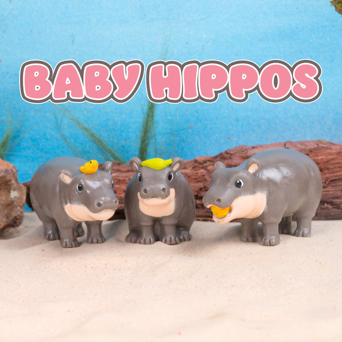 Three adorable Baby Hippos figurines, each with a tiny animal on its head, stand on sand beneath the "Baby Hippos" text.