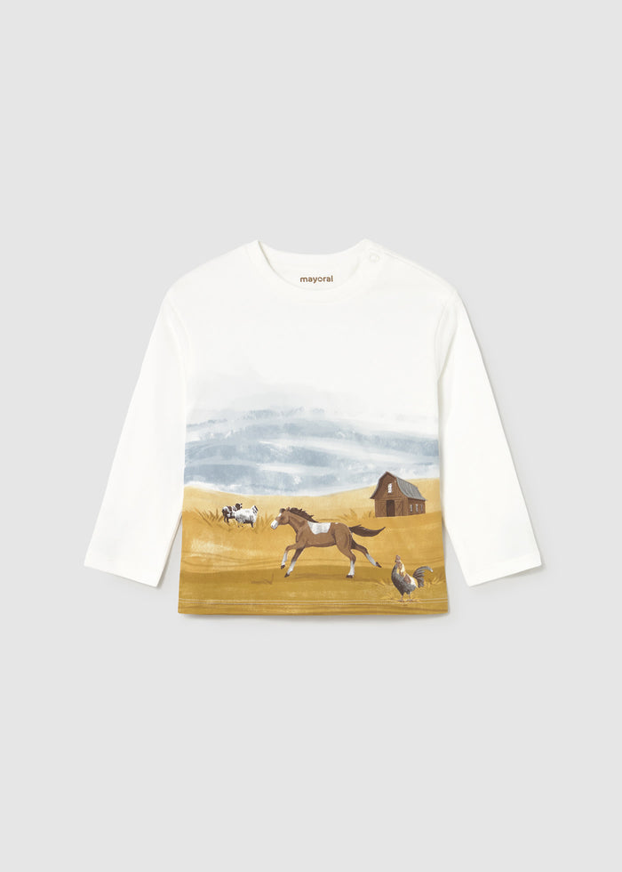 Mayoral baby boy Ivory long-sleeve t-shirt with landscape print and soft cotton jersey feel.