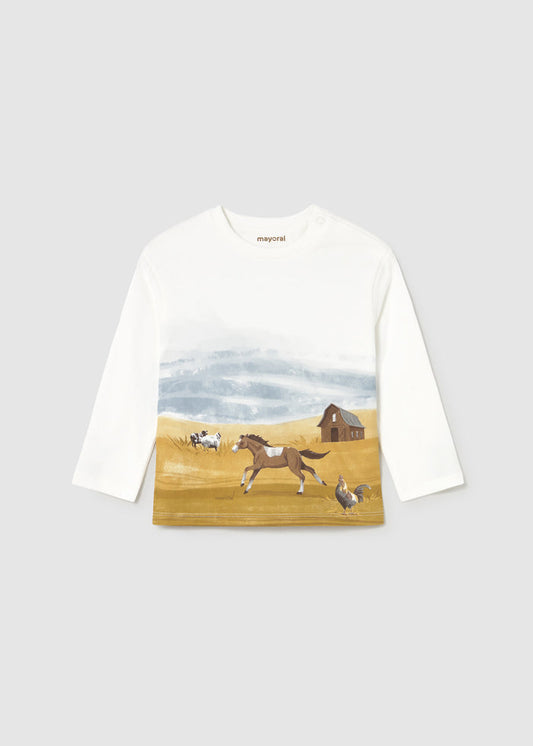Mayoral baby boy Ivory long-sleeve t-shirt with landscape print and soft cotton jersey feel.