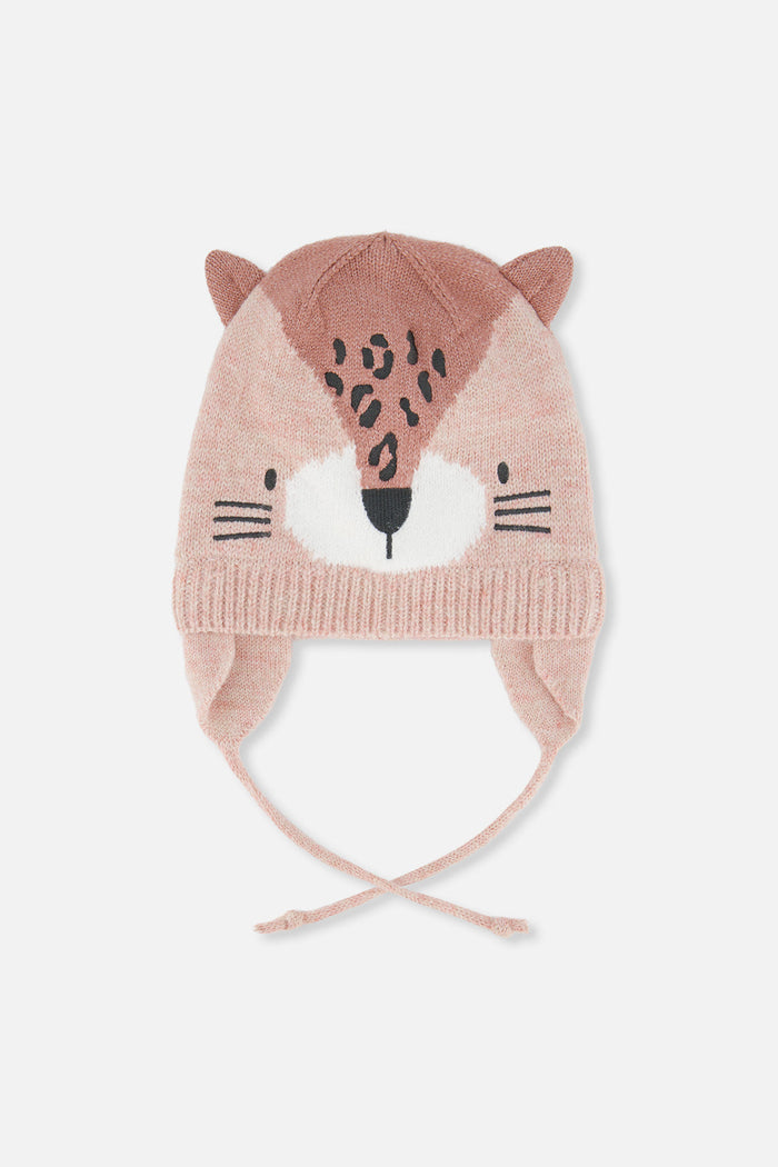 Baby Leopard Winter Knit Hat With Ear Flaps And Ears Pale Dusty Pink-0