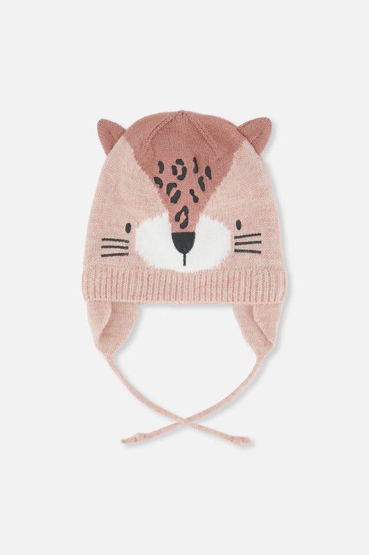 Baby Leopard Winter Knit Hat With Ear Flaps And Ears Pale Dusty Pink-0