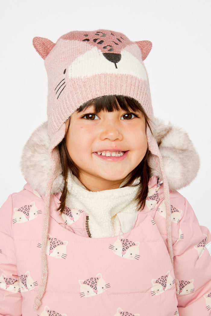 Baby Leopard Winter Knit Hat With Ear Flaps And Ears Pale Dusty Pink-1