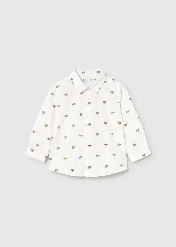 Mayoral baby boy White/Tan printed buttondown shirt with collar and long sleeves.