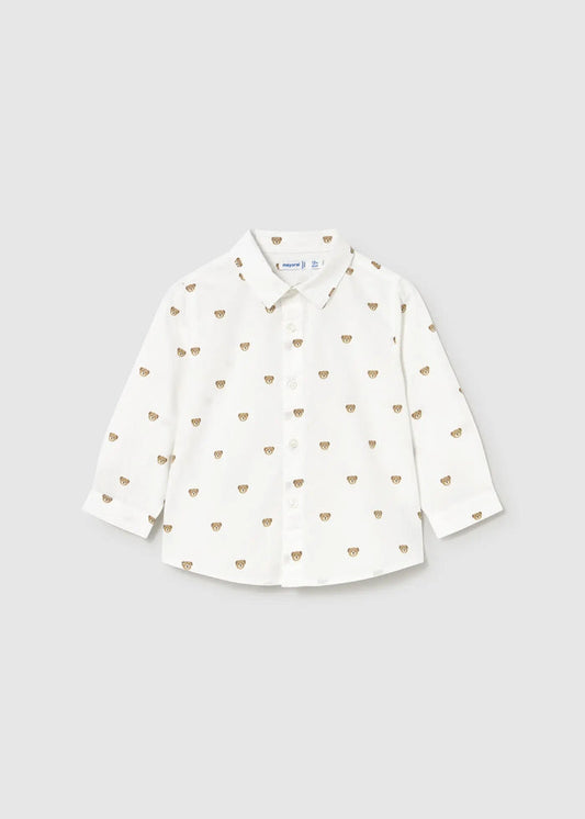 Mayoral baby boy White/Tan printed buttondown shirt with collar and long sleeves.