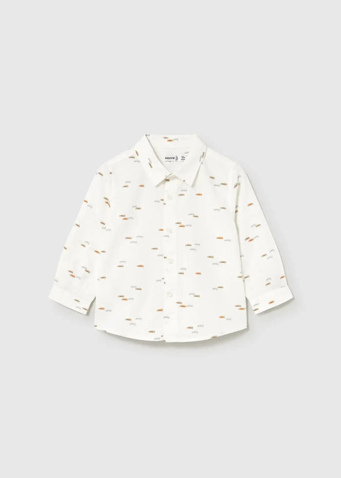 Mayoral baby boy Cream animal print button-up shirt with long sleeves, collar, and soft cotton fabric.