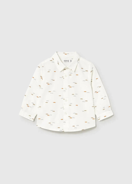 Mayoral baby boy Cream animal print button-up shirt with long sleeves, collar, and soft cotton fabric.