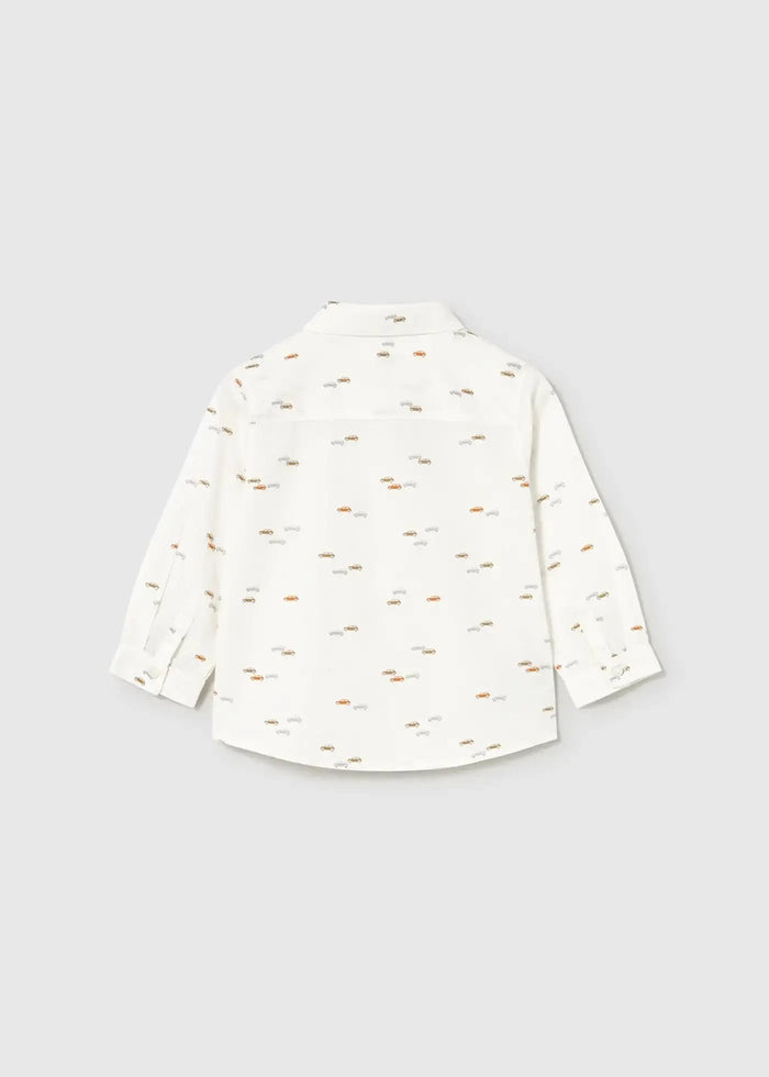 Back view of Mayoral baby boy printed shirt showing Cream cotton fabric and clean regular-fit shape.