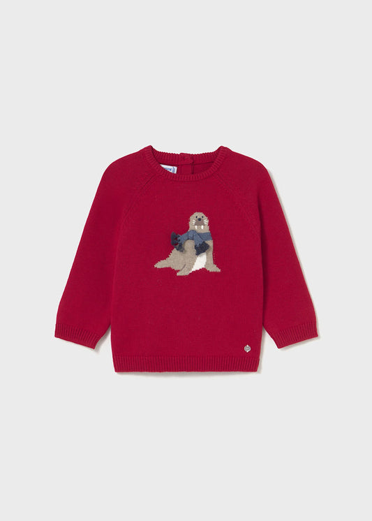Flat lay front view of Mayoral baby unisex animal intarsia sweater