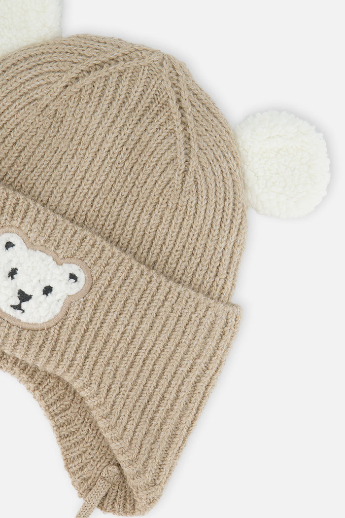 Baby Winter Knit Hat With Ear Flaps And Ears Light Taupe-3