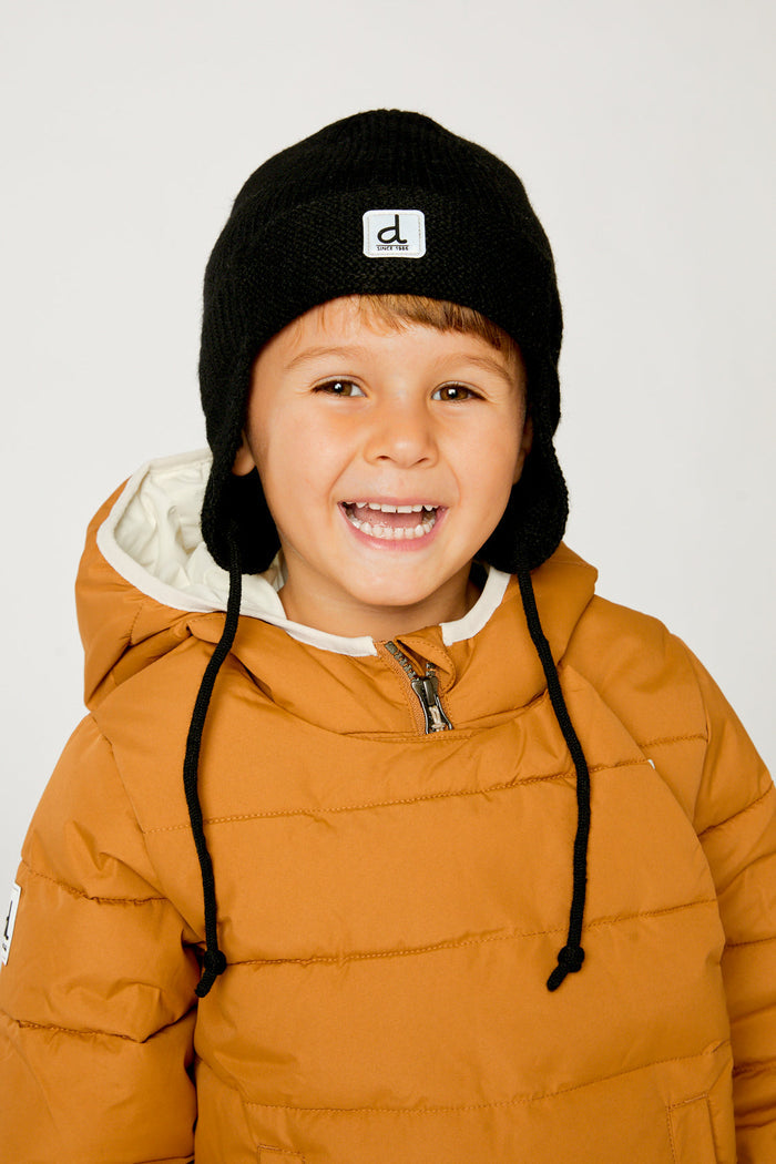 Baby Winter Knit Hat With Ear Flaps And Strings Noir-1