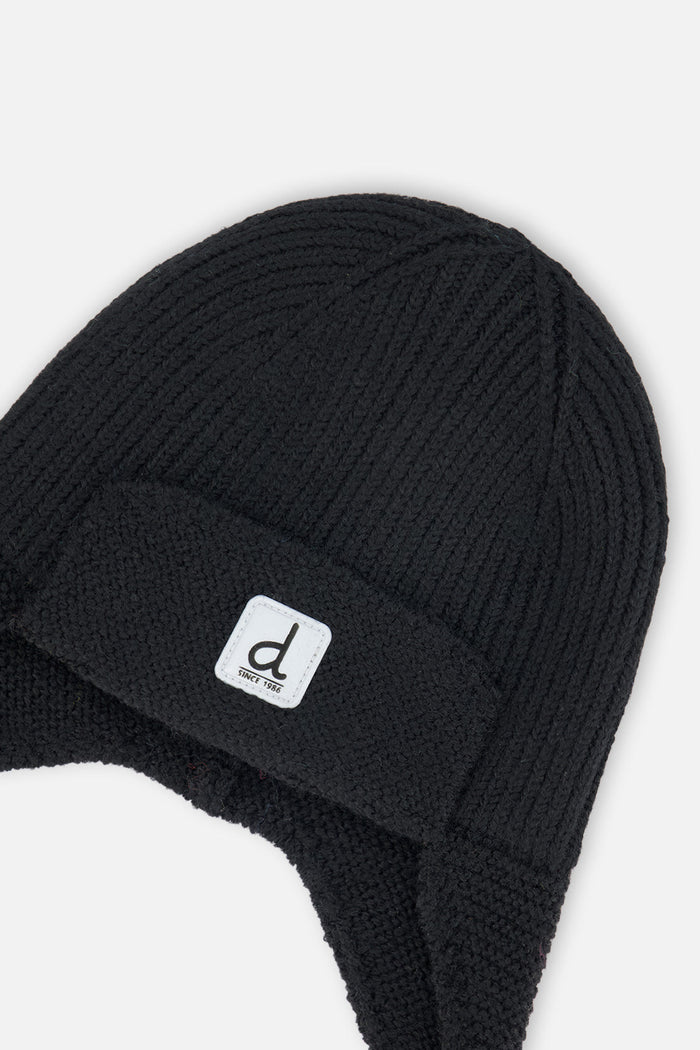 Baby Winter Knit Hat With Ear Flaps And Strings Noir-3