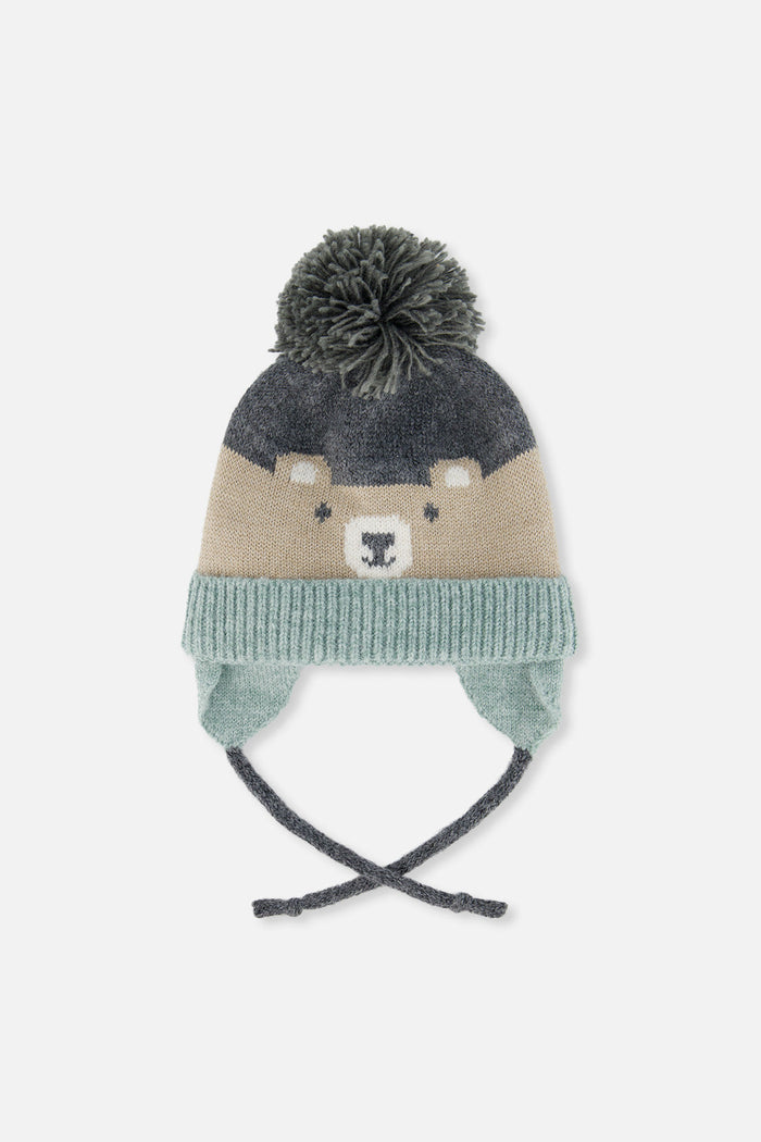 Baby Winter Knit Hat With Teddy Bear Face And Ears Beige And Turquoise-0