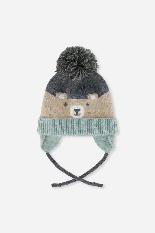 Baby Winter Knit Hat With Teddy Bear Face And Ears Beige And Turquoise-0