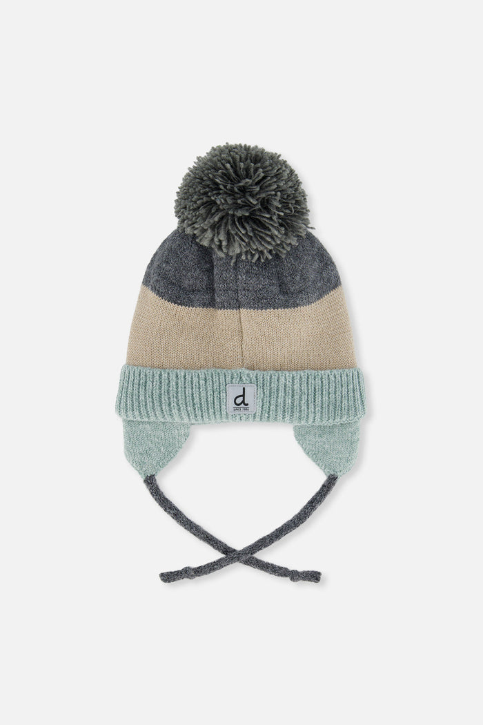 Baby Winter Knit Hat With Teddy Bear Face And Ears Beige And Turquoise-1