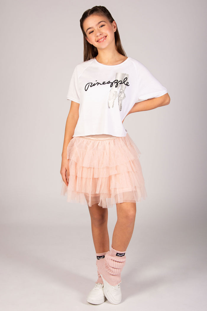 Girls' short sleeve white ballet t-shirt with pointe shoe print by Pineapple Dance Studios