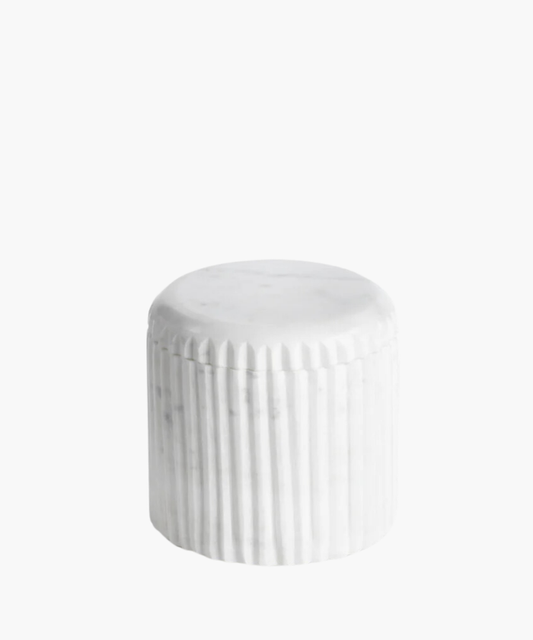 A white marble container with fluted design and curved details, suitable for bathroom accessories. | Wildwood Home Co.