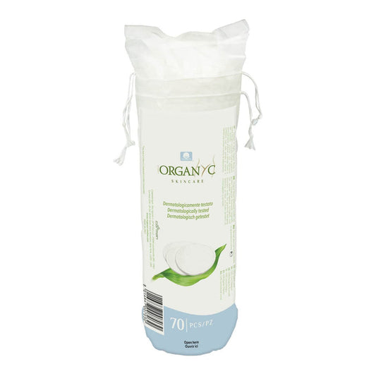 Organyc skincare cotton pads packaging on a white background. 70 pieces.