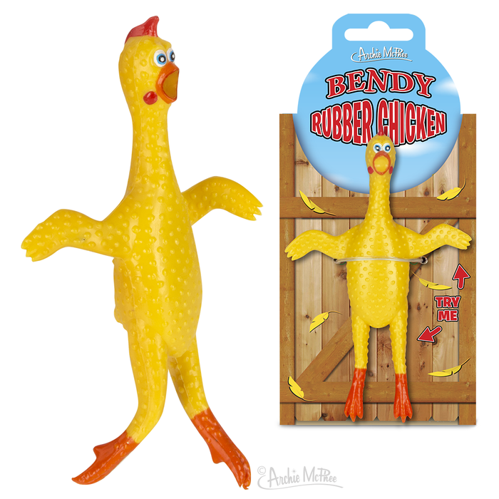 A flexible yellow rubber chicken toy featuring movable limbs, set against a barnyard scene and packaged on a card labeled as the Bendy Rubber Chicken.