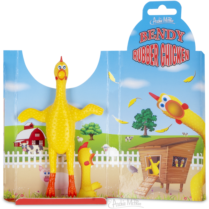 Bendy Rubber Chicken toy in vibrant farm-themed packaging, featuring a playful barnyard backdrop.