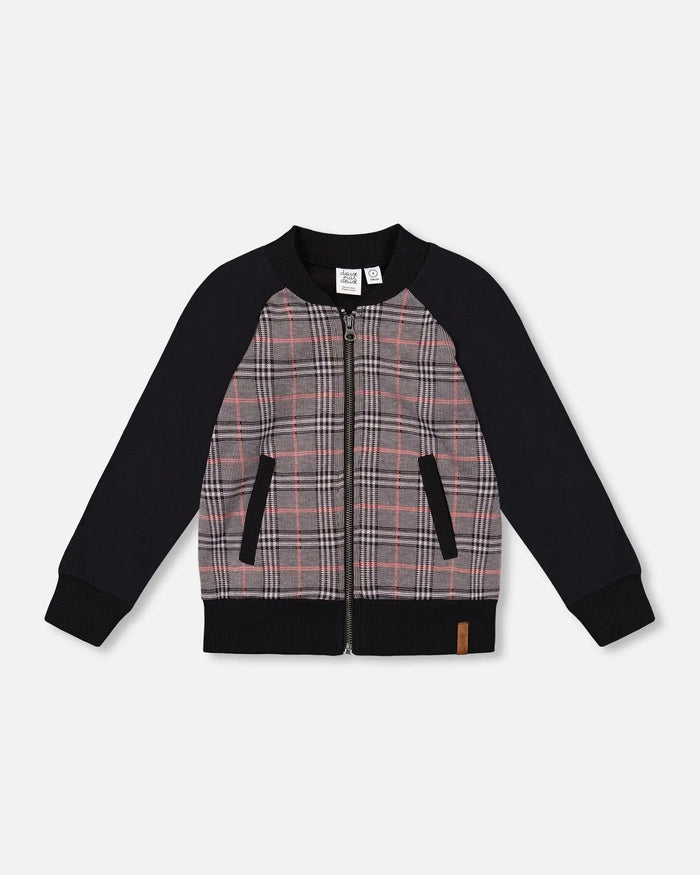 Bi-Material Zip Front Jacket Gray And Black Plaid | Deux par Deux | Jenni Kidz