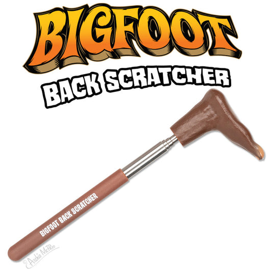 The Bigfoot Back Scratcher has a handle shaped like a Bigfoot foot and is labeled Bigfoot Back Scratcher. Its a fun, quirky gift for fans of extendable back scratchers or legendary creatures!.
