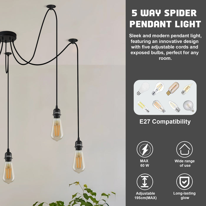 Black Pendant Light Spider with Rubber Cable Metal Lamp Holder~1122